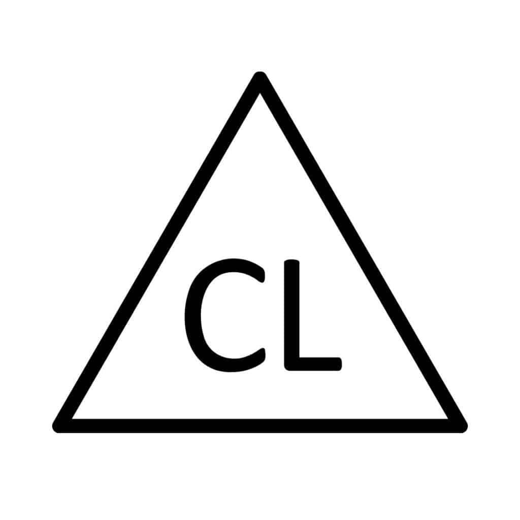 Vaatteiden pesusymbolina kolmio on valkaisuohje. Kolmion sisällä kirjaimet CL tarkoittaa, että vaatteiden kloorivalkaisu on sallittu.